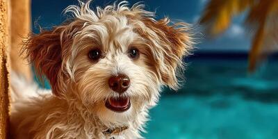 Cute fluffy dog enjoys sunny day beside shimmering pool in tropical setting, radiating joy and playfulness photo