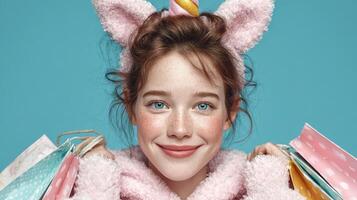 Girl dressed as a unicorn smiles while holding colorful shopping bags against a bright blue background photo