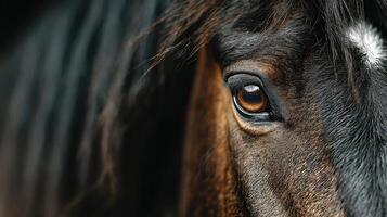 Close-up of a horse's expressive eye showcasing detail and emotion in a serene environment photo