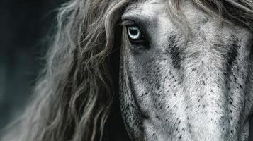 Close-up of a majestic horse with flowing mane staring intensely at the camera in a muted setting photo