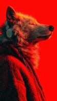 Wild wolf listening to music in a vibrant red background, showcasing a unique combination of nature and modern style photo
