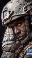 Soldier covered in dust prepares for mission in arid landscape during late afternoon light photo