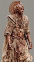 Detailed costume worn by a man showcasing intricate designs inspired by ancient cultures in a neutral backdrop photo