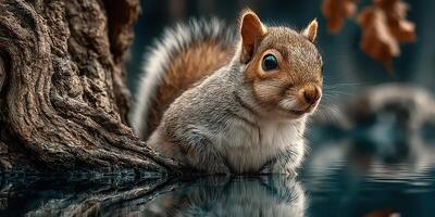 Squirrel interacting with water near a tree in an autumn forest setting during the golden hour photo
