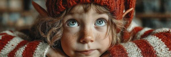 Young child with curly hair and elf ears looks up with wonder, wearing a red knitted hat and striped sweater, portraying a festive mood photo