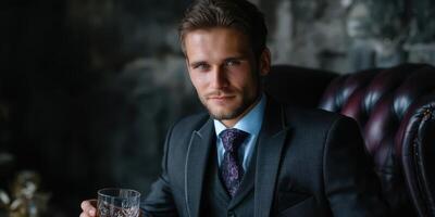 Stylishly dressed man enjoying a drink in a cozy, dimly lit setting with an elegant atmosphere during the evening photo