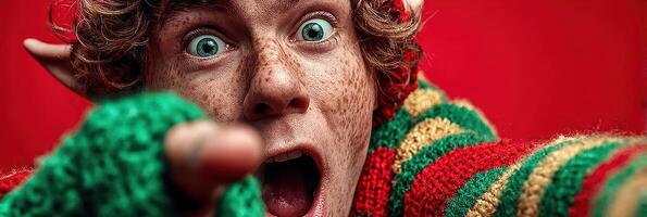 Excited elf pointing at the camera with vibrant colors and expressive facial features during a festive celebration photo