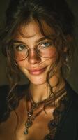 Portrait of a young woman with glasses and curly hair, showcasing her playful smile and unique accessories in a softly lit setting photo