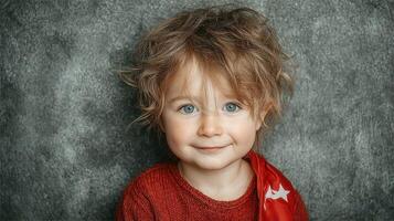 Charming child with curly hair wearing a red outfit and a scarf, radiating joy and innocence in a neutral setting photo