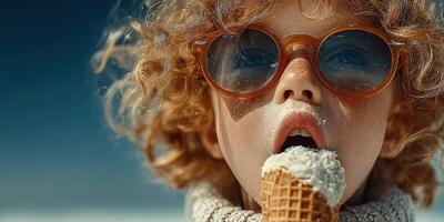 Child with curly hair enjoying ice cream on a sunny day at the beach during summer vacation photo