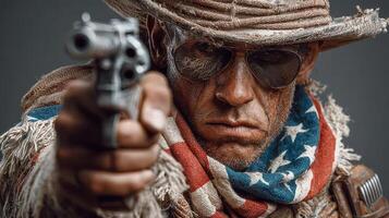 Cowboy holds a revolver confidently in a gritty Western setting under dramatic lighting photo