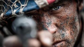 Soldier aiming weapon with a determined expression during military exercise in rough terrain photo