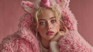 Woman in pink furry coat with unicorn horns poses against a soft pink background during a photoshoot photo