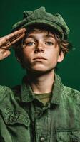 Young boy saluting in military-style green outfit against a solid background during a portrait session photo