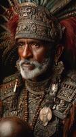 Portrait of an Aztec warrior adorned in traditional garb with intricate accessories, showcasing heritage and culture in an intense expression photo