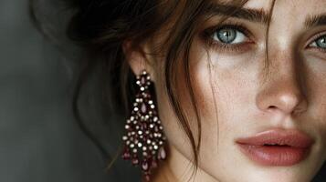 Close-up of a woman with striking features, wearing elegant earrings and displaying natural beauty in soft lighting photo