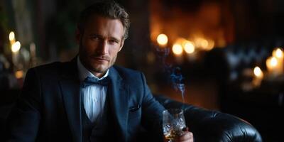 Sophisticated man enjoying whiskey in a cozy lounge with elegant ambiance during evening hours photo