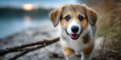 Corgi puppy joyfully exploring a beachside landscape at sunset near a serene body of water photo
