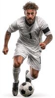 Soccer player sprints with determination during a competitive match at an outdoor stadium in bright daylight photo