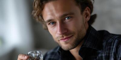 Young man enjoys a drink in a cozy indoor setting during a relaxed afternoon gathering with friends photo