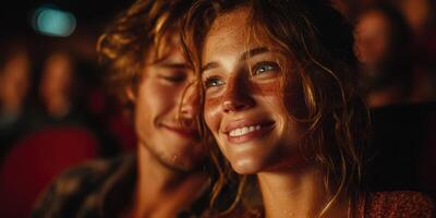 Romantic evening at the cinema with couple enjoying a film and sharing a close moment filled with laughter photo