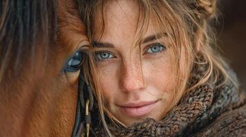 Young woman smiling while closely interacting with a horse in a rustic environment during daylight photo