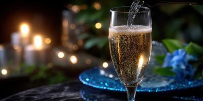 Bubbly drink being poured into a crystal glass at a romantic evening gathering with warm candlelight photo