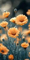 Vibrant orange flowers in bloom at a serene garden during the golden hour of afternoon light photo