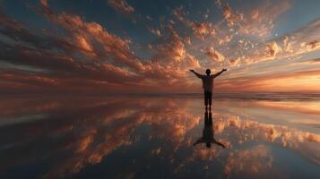 Sunset reflection over calm ocean with a silhouette of a person expressing joy at the shoreline photo