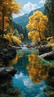 Autumn river flowing through a mountain landscape with colorful foliage and clear reflections photo