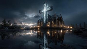 Stunning illuminated gothic church with a large cross reflecting in water at dusk photo