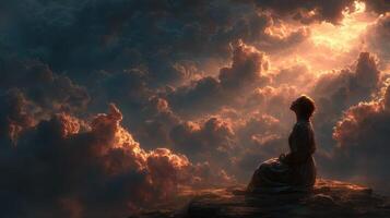 Woman sitting on a rocky ledge gazing at sky filled with dramatic clouds and soft sunlight at dawn photo