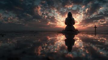 Serene sunset reflection near a peaceful statue amidst dramatic cloud formations photo