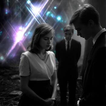 Somber gathering of young individuals in a misty forest reflecting on a shared loss during twilight photo