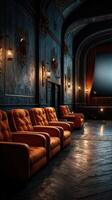 Elegant vintage seating in a dimly lit theater during a private screening event photo