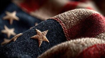 Close-up view of an American flag showcasing its texture and colors, symbolizing patriotism and national pride photo