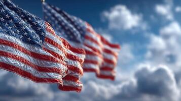 American flags waving against a bright blue sky with fluffy white clouds during a sunny day photo