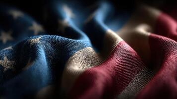 Waving American flag fabric in close-up view showing rich colors and textures photo