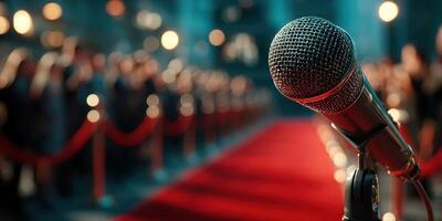 Crowded event with microphone on red carpet creating an exciting atmosphere for upcoming announcement photo
