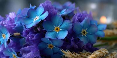 Colorful bouquet showcasing vibrant forget-me-nots and delicate wheat at a serene indoor setting during the evening photo