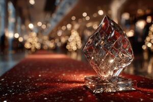 Decorative crystal piece highlights a gala event held in an elegant venue during the festive season with blurred background lights photo