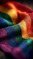 Vibrant rainbow fabric displaying colors of the pride flag on a textured surface in natural light photo