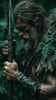 Warrior stands in lush forest, shrouded in ferns, lost in thought during early morning light photo