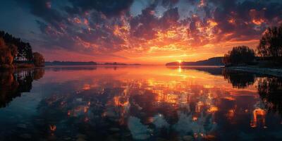 Stunning sunset reflection over a tranquil lake surrounded by trees in a peaceful natural setting photo