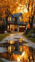 Cozy autumn evening by a charming home surrounded by vibrant fall foliage reflecting in the driveway photo