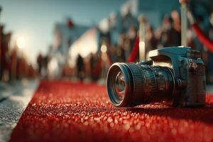 Camera rests on a red carpet during a glamorous event with blurred figures in the background photo