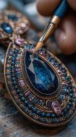 Intricate jewelry crafting process highlighting detailed gemstone setting in a workshop photo