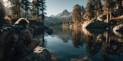 Nature photographer capturing serene landscape by calm lake surrounded by mountains during early morning light photo