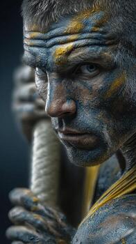 guerrero preparando para batalla con intenso expresión y tribal cara pintar en un oscuro ambiente foto