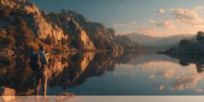 Capturing reflections at sunrise near a serene lake surrounded by mountains in a peaceful wilderness setting photo